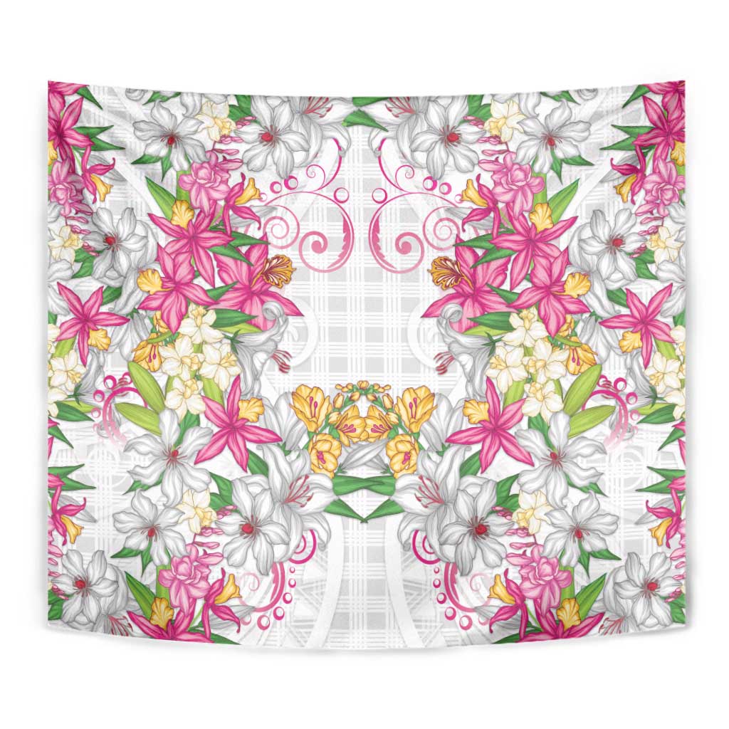 Hawaii Palaka Tapestry White Tribal Pattern With Tropical Flowers LT05 - Polynesian Pride