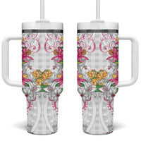 Hawaii Palaka Tumbler With Handle White Tribal Pattern With Tropical Flowers - Polynesian Pride