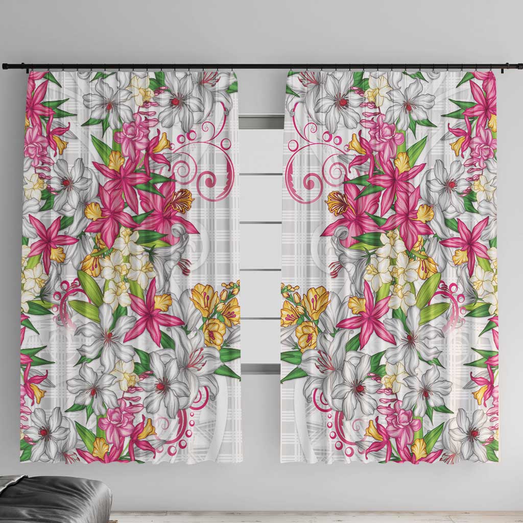 Hawaii Palaka Window Curtain White Tribal Pattern With Tropical Flowers LT05 With Hooks White - Polynesian Pride