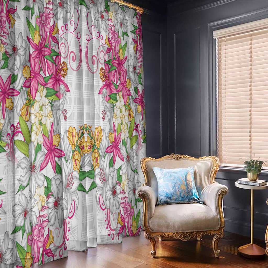 Hawaii Palaka Window Curtain White Tribal Pattern With Tropical Flowers LT05 - Polynesian Pride