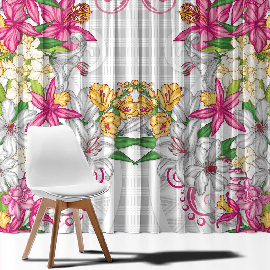 Hawaii Palaka Window Curtain White Tribal Pattern With Tropical Flowers LT05 - Polynesian Pride