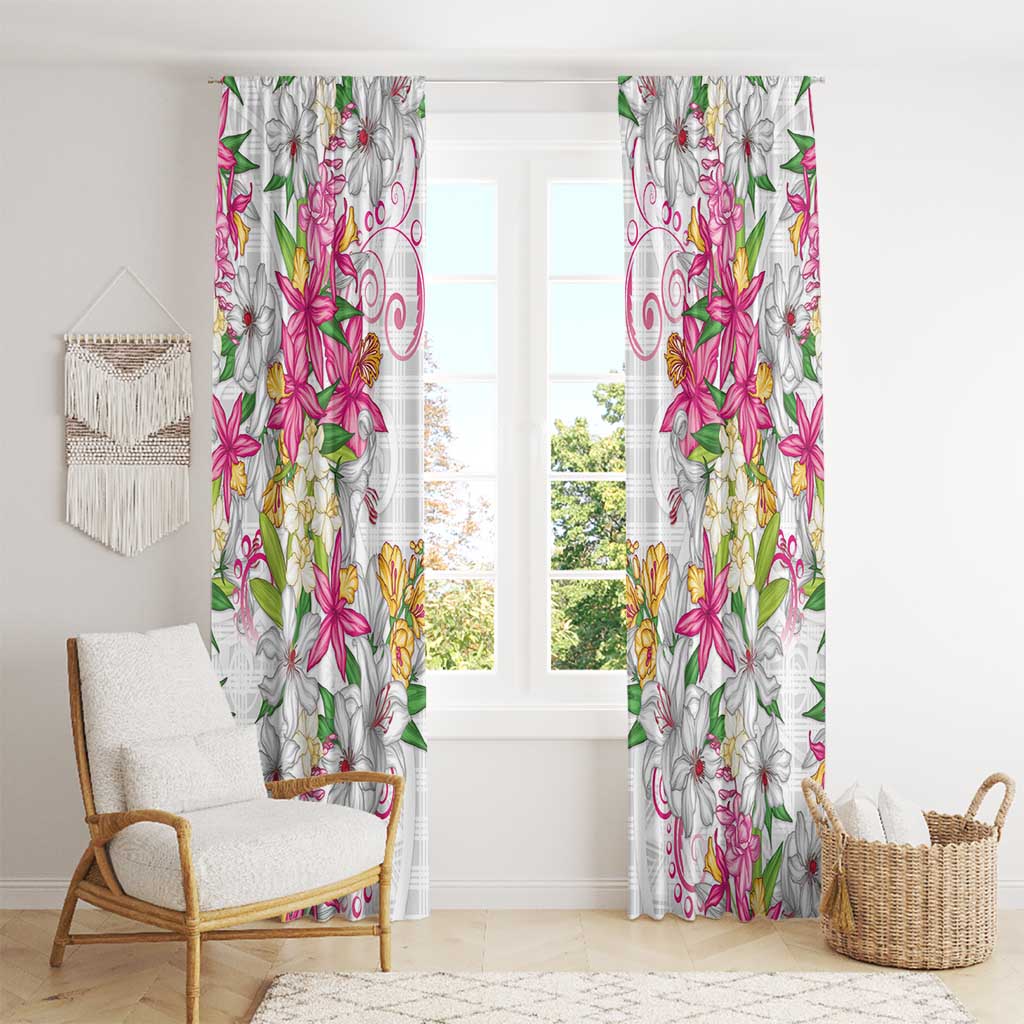Hawaii Palaka Window Curtain White Tribal Pattern With Tropical Flowers LT05 - Polynesian Pride