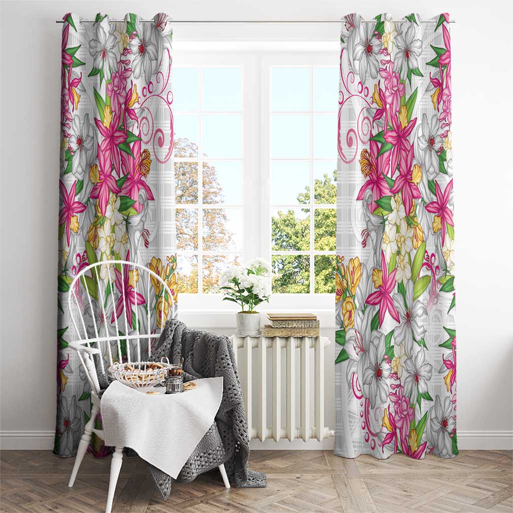 Hawaii Palaka Window Curtain White Tribal Pattern With Tropical Flowers LT05 - Polynesian Pride
