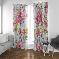 Hawaii Palaka Window Curtain White Tribal Pattern With Tropical Flowers LT05 With Grommets White - Polynesian Pride