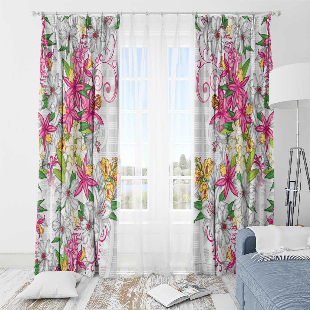 Hawaii Palaka Window Curtain White Tribal Pattern With Tropical Flowers LT05 - Polynesian Pride