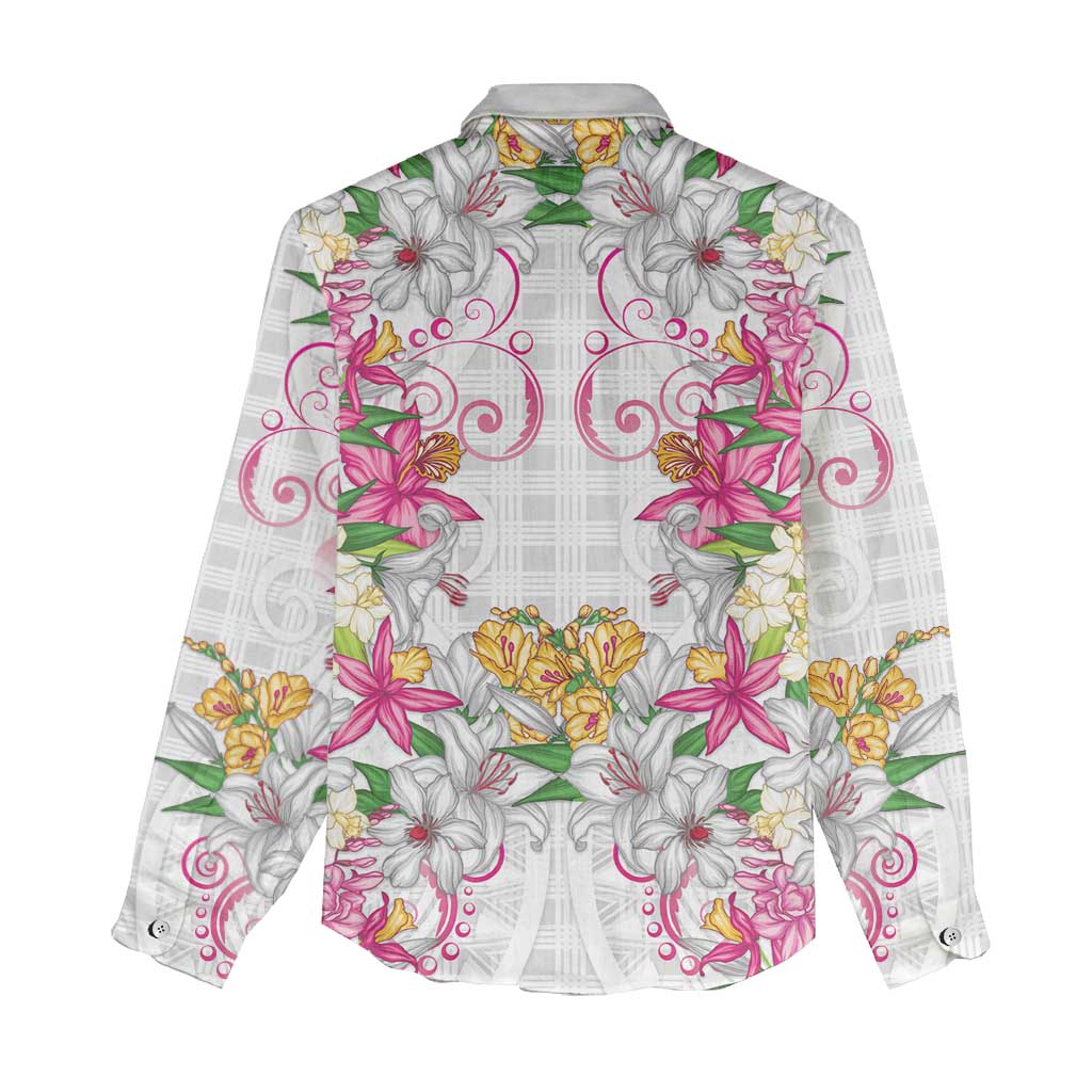 Hawaii Palaka Women Casual Shirt White Tribal Pattern With Tropical Flowers - Polynesian Pride