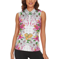 Hawaii Palaka Women Sleeveless Polo Shirt White Tribal Pattern With Tropical Flowers - Polynesian Pride