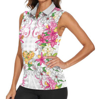 Hawaii Palaka Women Sleeveless Polo Shirt White Tribal Pattern With Tropical Flowers - Polynesian Pride