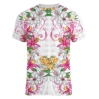 Hawaii Palaka Women V-Neck T-Shirt White Tribal Pattern With Tropical Flowers - Polynesian Pride