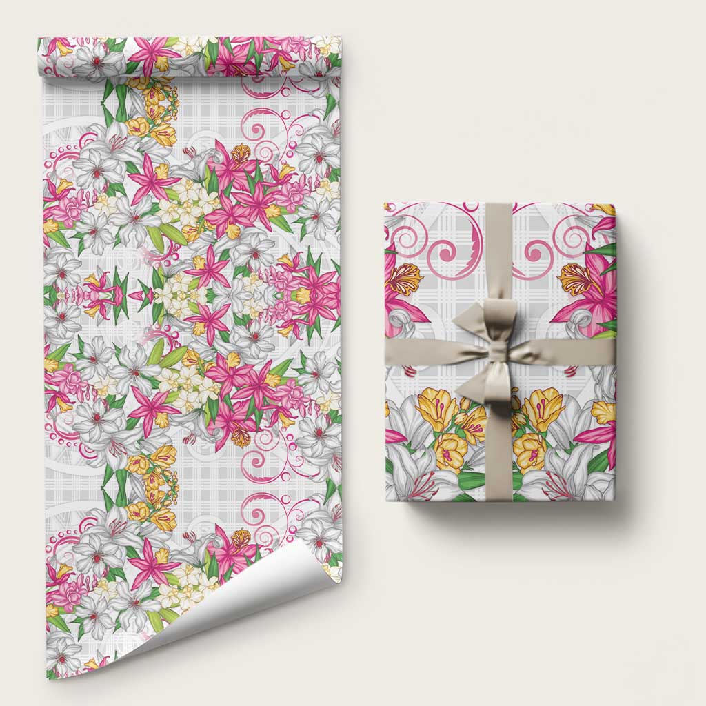 Hawaii Palaka Wrapping Paper White Tribal Pattern With Tropical Flowers - Polynesian Pride
