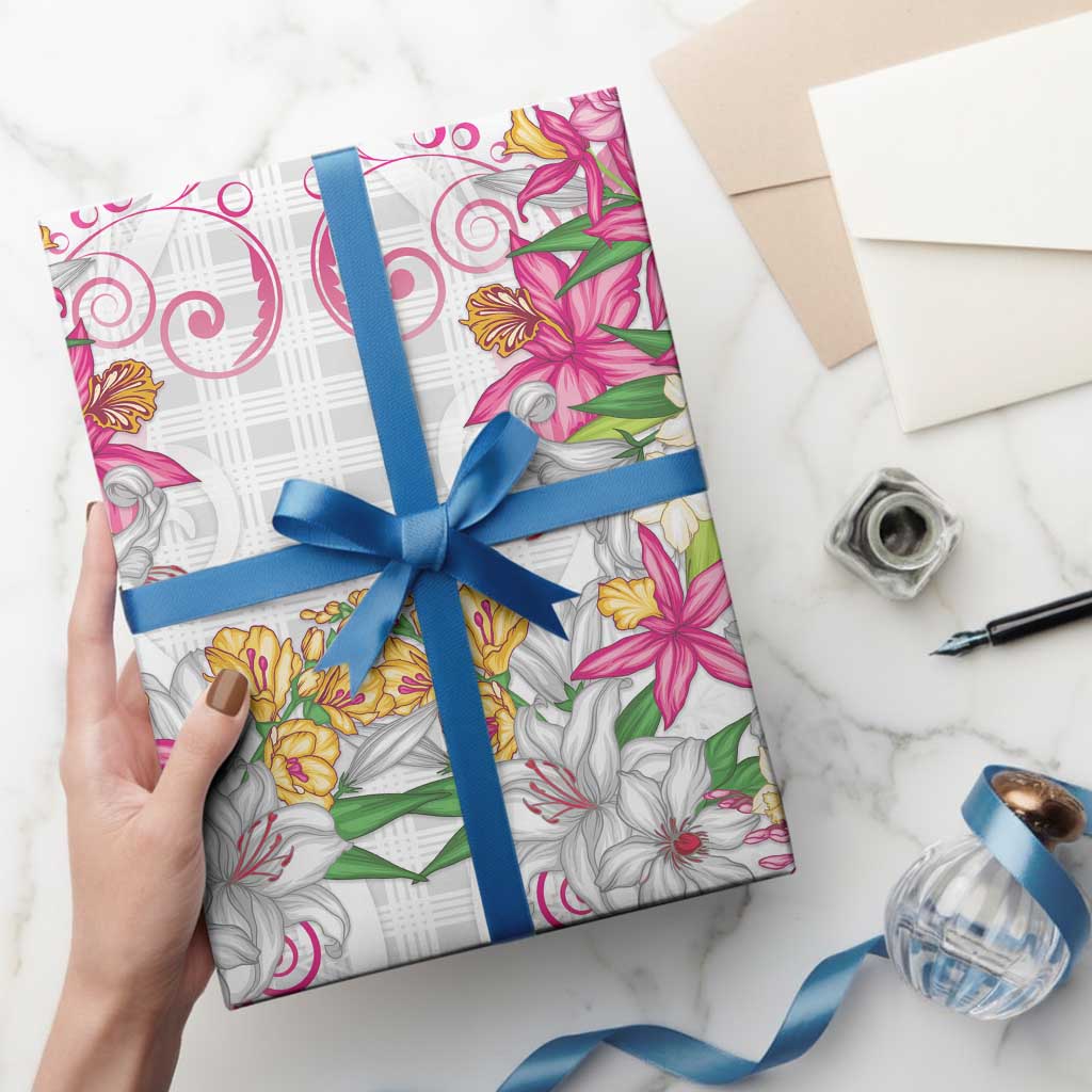 Hawaii Palaka Wrapping Paper White Tribal Pattern With Tropical Flowers - Polynesian Pride