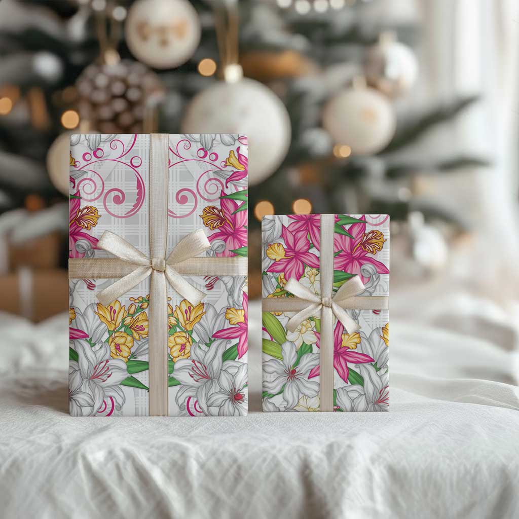 Hawaii Palaka Wrapping Paper White Tribal Pattern With Tropical Flowers - Polynesian Pride