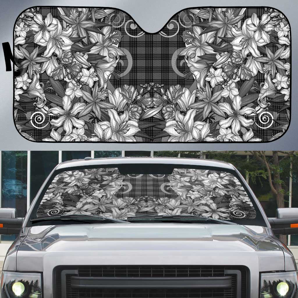 Hawaii Palaka Auto Sun Shade Black Tribal Pattern With Tropical Flowers - Polynesian Pride
