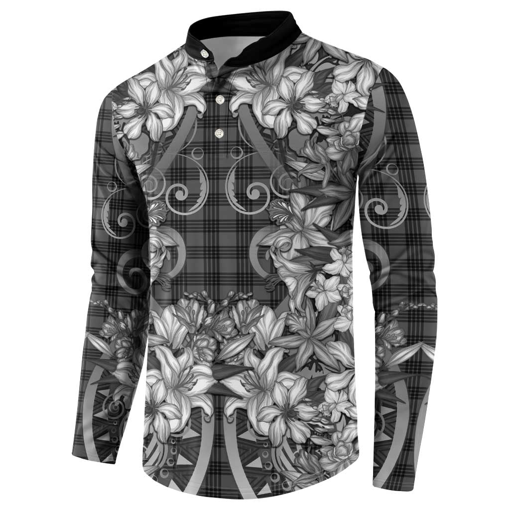 Hawaii Palaka Button Sweatshirt Black Tribal Pattern With Tropical Flowers - Polynesian Pride