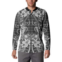 Hawaii Palaka Button Sweatshirt Black Tribal Pattern With Tropical Flowers - Polynesian Pride