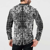 Hawaii Palaka Button Sweatshirt Black Tribal Pattern With Tropical Flowers - Polynesian Pride