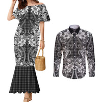 Hawaii Palaka Couples Matching Mermaid Dress and Long Sleeve Button Shirt Black Tribal Pattern With Tropical Flowers - Polynesian Pride