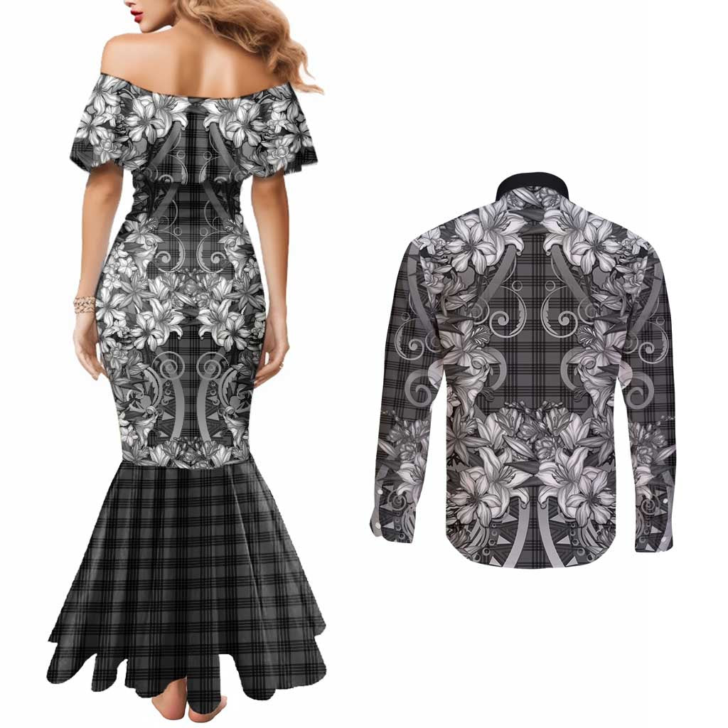 Hawaii Palaka Couples Matching Mermaid Dress and Long Sleeve Button Shirt Black Tribal Pattern With Tropical Flowers - Polynesian Pride