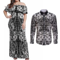 Hawaii Palaka Couples Matching Off Shoulder Maxi Dress and Long Sleeve Button Shirt Black Tribal Pattern With Tropical Flowers - Polynesian Pride