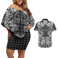 Hawaii Palaka Couples Matching Off Shoulder Short Dress and Hawaiian Shirt Black Tribal Pattern With Tropical Flowers - Polynesian Pride