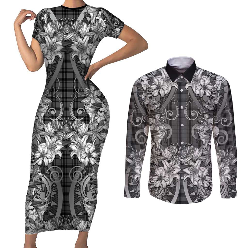 Hawaii Palaka Couples Matching Short Sleeve Bodycon Dress and Long Sleeve Button Shirt Black Tribal Pattern With Tropical Flowers - Polynesian Pride