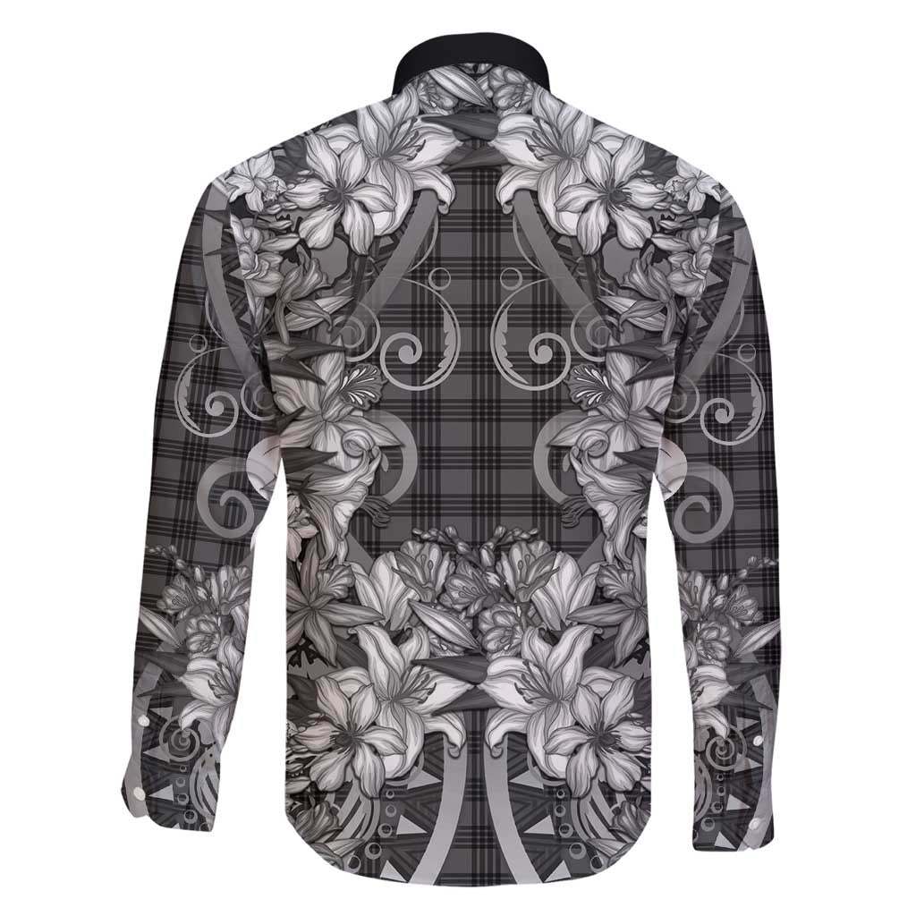 Hawaii Palaka Family Matching Long Sleeve Bodycon Dress and Hawaiian Shirt Black Tribal Pattern With Tropical Flowers - Polynesian Pride