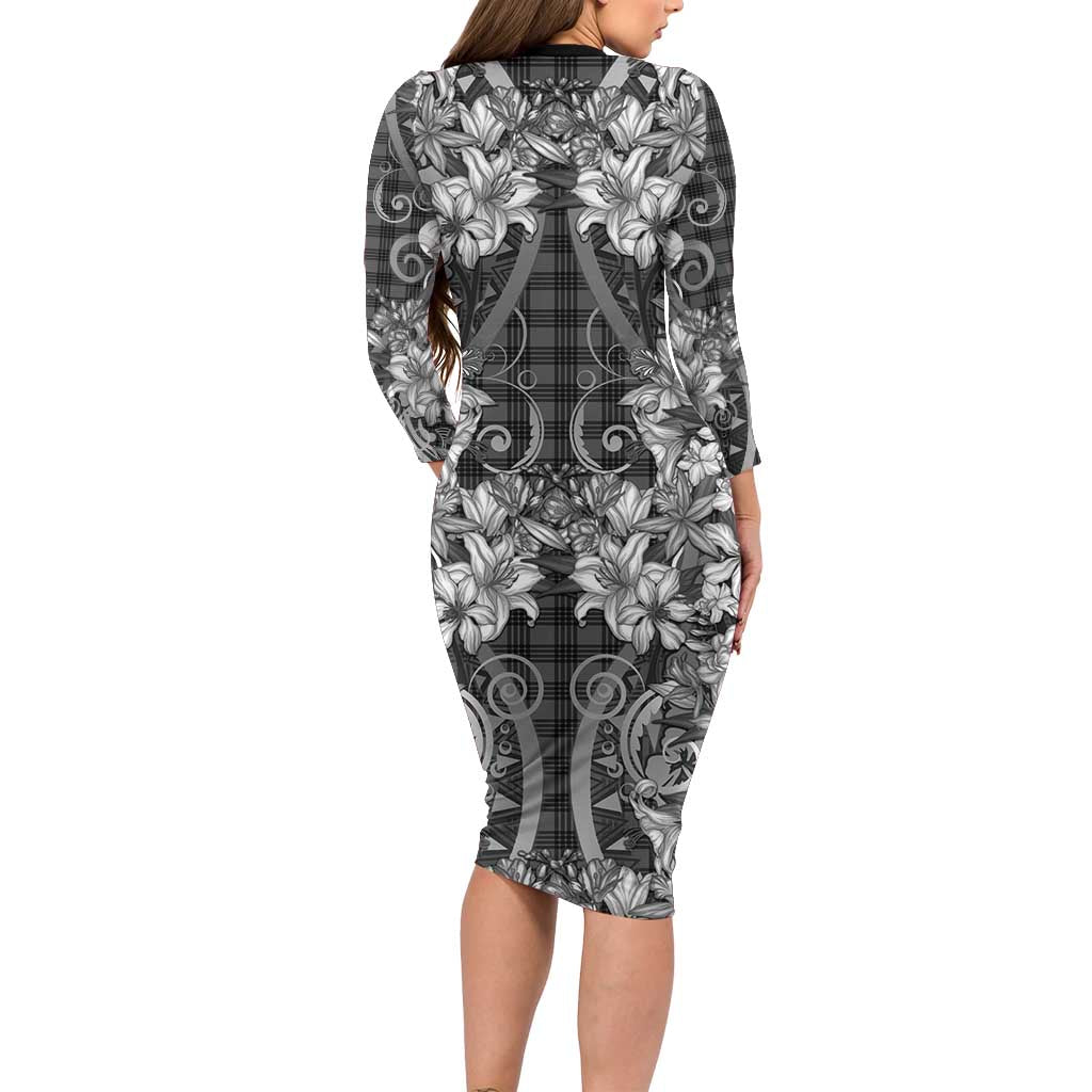 Hawaii Palaka Family Matching Long Sleeve Bodycon Dress and Hawaiian Shirt Black Tribal Pattern With Tropical Flowers - Polynesian Pride