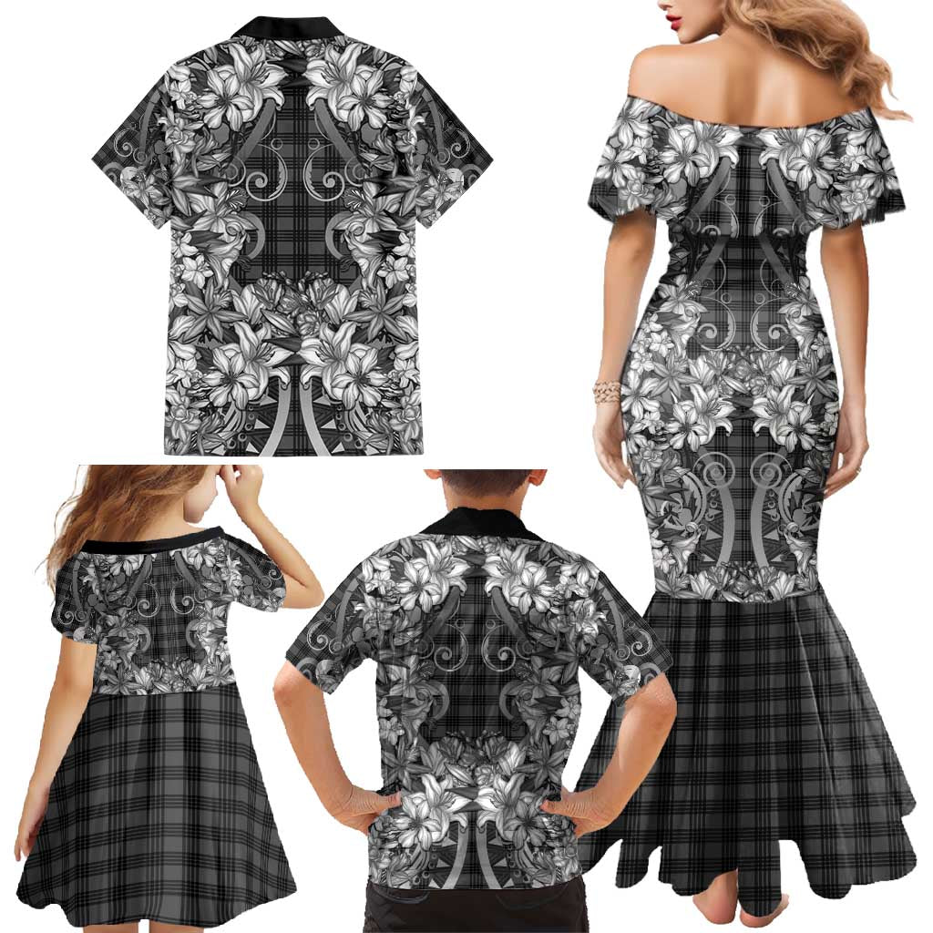 Hawaii Palaka Family Matching Mermaid Dress and Hawaiian Shirt Black Tribal Pattern With Tropical Flowers - Polynesian Pride