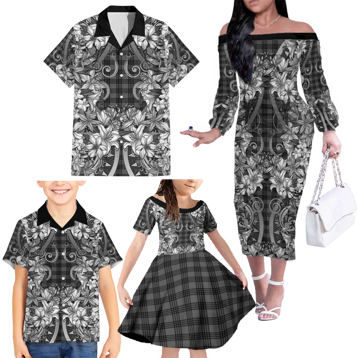 Hawaii Palaka Family Matching Off The Shoulder Long Sleeve Dress and Hawaiian Shirt Black Tribal Pattern With Tropical Flowers - Polynesian Pride