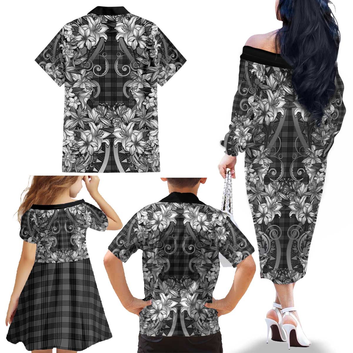 Hawaii Palaka Family Matching Off The Shoulder Long Sleeve Dress and Hawaiian Shirt Black Tribal Pattern With Tropical Flowers - Polynesian Pride