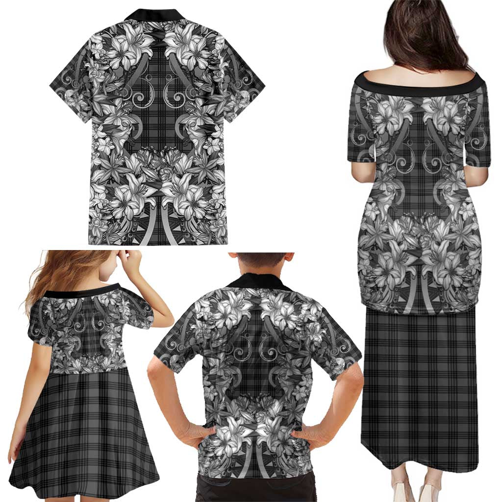 Hawaii Palaka Family Matching Puletasi and Hawaiian Shirt Black Tribal Pattern With Tropical Flowers LT05 - Polynesian Pride