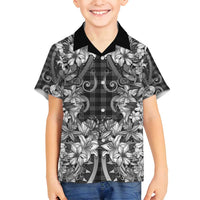Hawaii Palaka Family Matching Puletasi and Hawaiian Shirt Black Tribal Pattern With Tropical Flowers LT05 Son's Shirt Black - Polynesian Pride