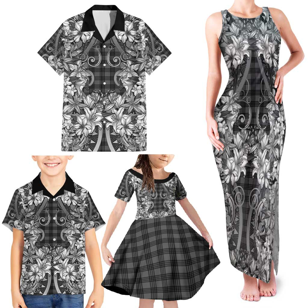 Hawaii Palaka Family Matching Tank Maxi Dress and Hawaiian Shirt Black Tribal Pattern With Tropical Flowers - Polynesian Pride