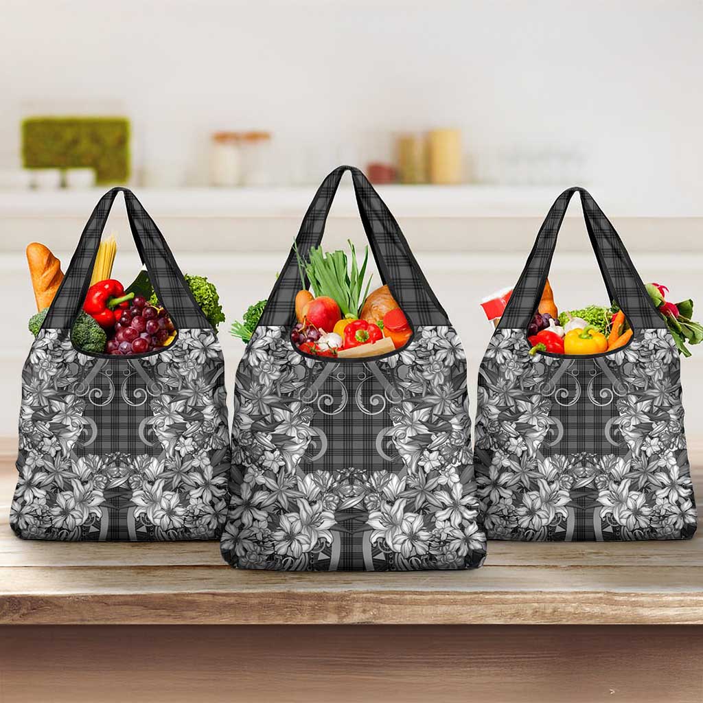 Hawaii Palaka Grocery Bag Black Tribal Pattern With Tropical Flowers - Polynesian Pride