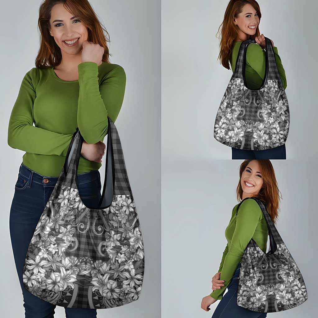 Hawaii Palaka Grocery Bag Black Tribal Pattern With Tropical Flowers - Polynesian Pride