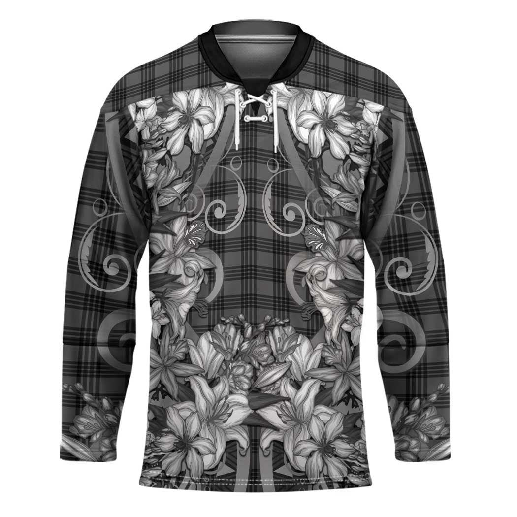 Hawaii Palaka Hockey Jersey Black Tribal Pattern With Tropical Flowers LT05 Unisex Black - Polynesian Pride