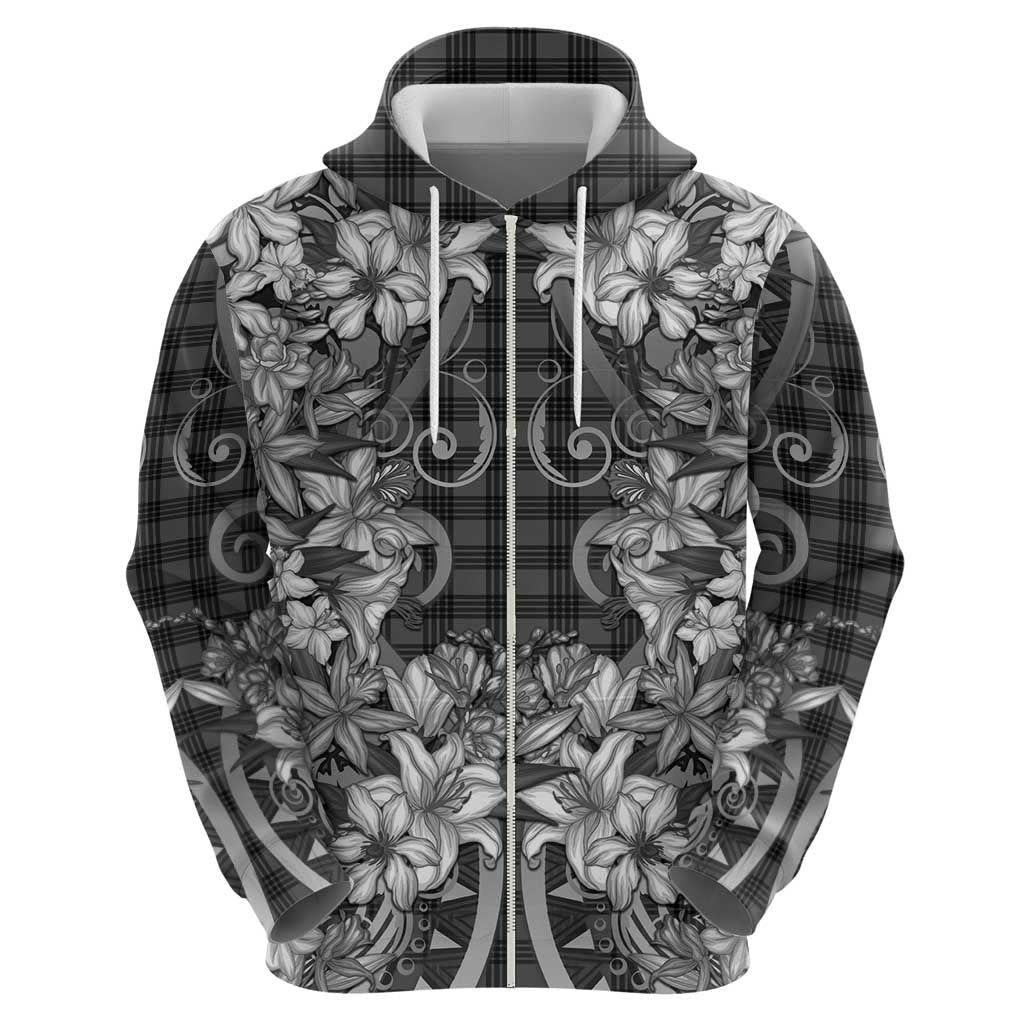 Hawaii Palaka Hoodie Black Tribal Pattern With Tropical Flowers - Polynesian Pride