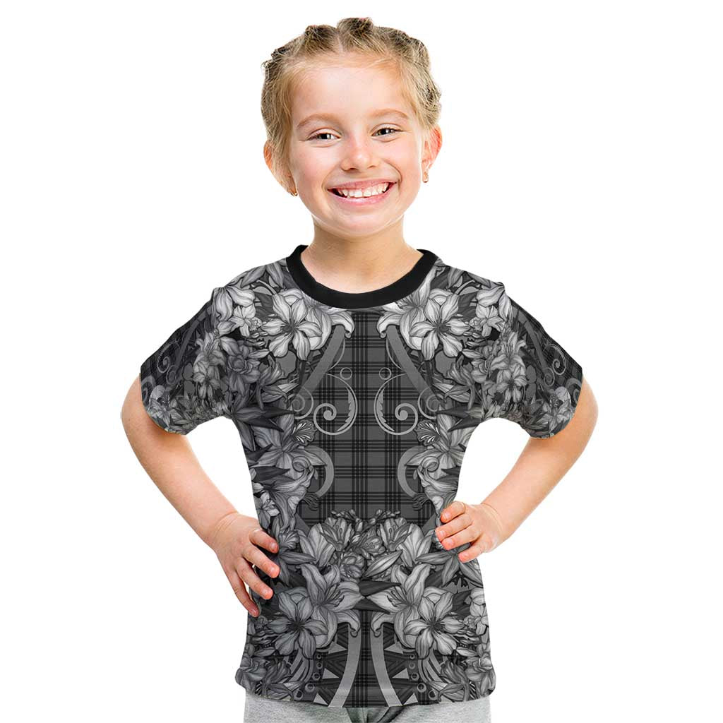 Hawaii Palaka Kid T Shirt Black Tribal Pattern With Tropical Flowers - Polynesian Pride