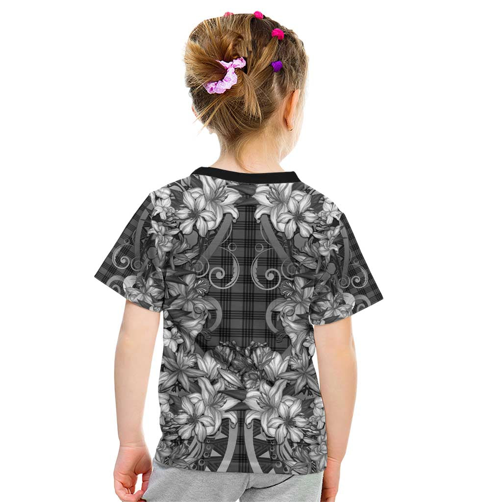 Hawaii Palaka Kid T Shirt Black Tribal Pattern With Tropical Flowers - Polynesian Pride
