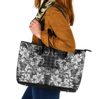 Hawaii Palaka Leather Tote Bag Black Tribal Pattern With Tropical Flowers - Polynesian Pride