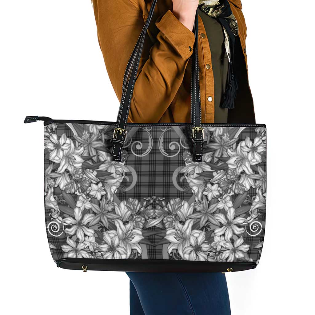 Hawaii Palaka Leather Tote Bag Black Tribal Pattern With Tropical Flowers - Polynesian Pride