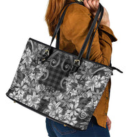 Hawaii Palaka Leather Tote Bag Black Tribal Pattern With Tropical Flowers - Polynesian Pride
