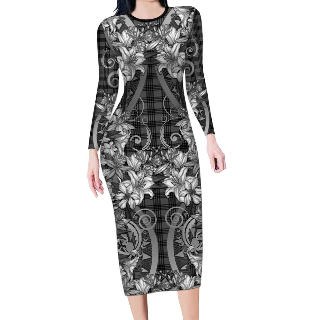 Hawaii Palaka Long Sleeve Bodycon Dress Black Tribal Pattern With Tropical Flowers LT05 Long Dress Black - Polynesian Pride