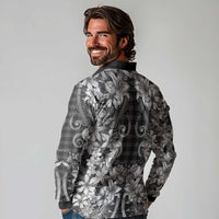Hawaii Palaka Long Sleeve Polo Shirt Black Tribal Pattern With Tropical Flowers - Polynesian Pride