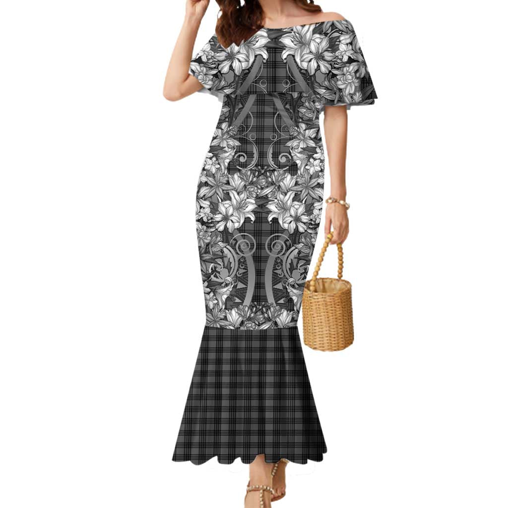 Hawaii Palaka Mermaid Dress Black Tribal Pattern With Tropical Flowers - Polynesian Pride