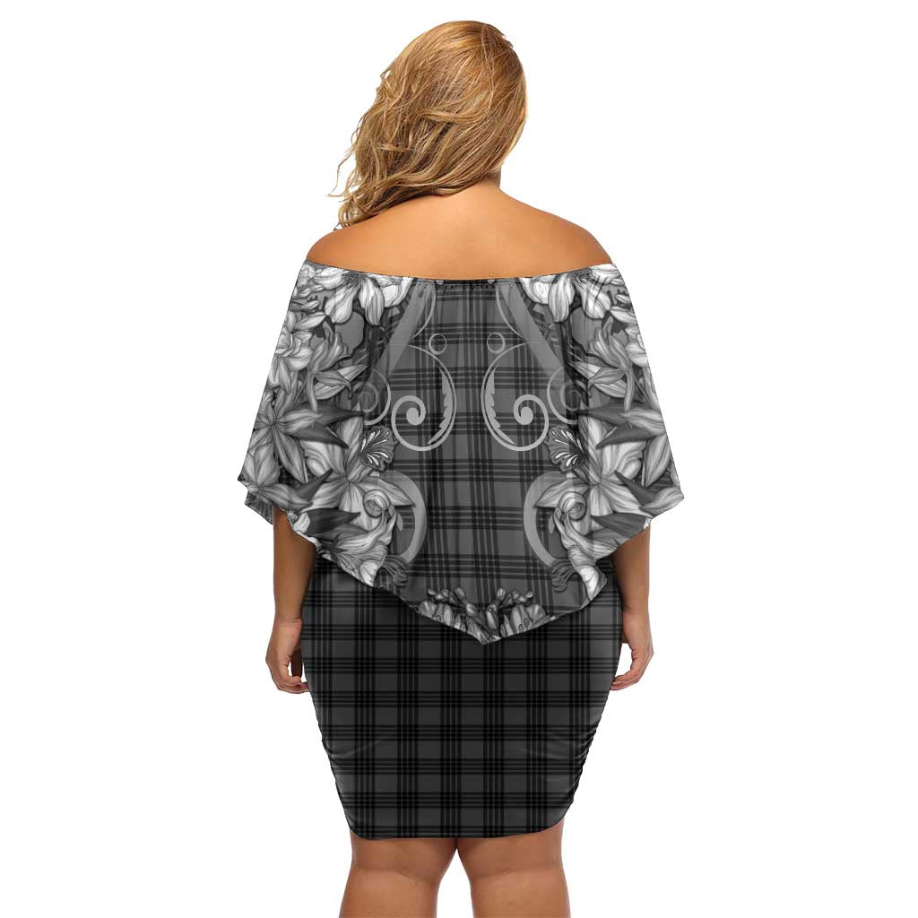 Hawaii Palaka Off Shoulder Short Dress Black Tribal Pattern With Tropical Flowers - Polynesian Pride