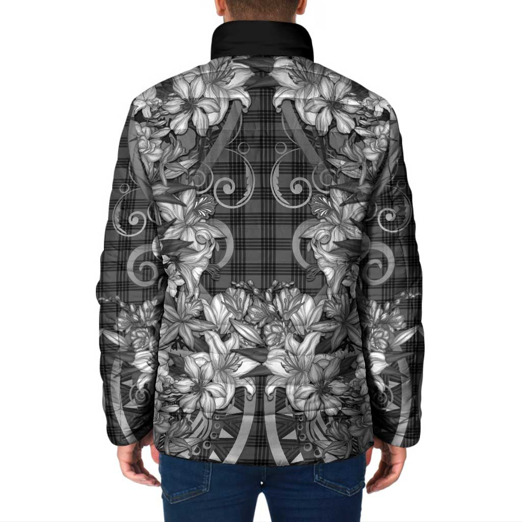 Hawaii Palaka Padded Jacket Black Tribal Pattern With Tropical Flowers - Polynesian Pride