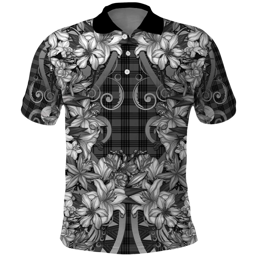 Hawaii Palaka Polo Shirt Black Tribal Pattern With Tropical Flowers - Polynesian Pride