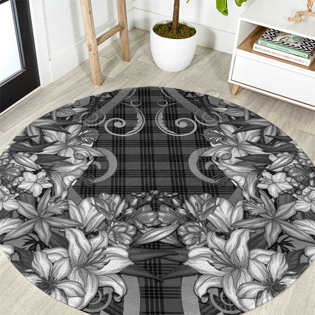 Hawaii Palaka Round Carpet Black Tribal Pattern With Tropical Flowers LT05 Black - Polynesian Pride