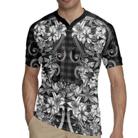 Hawaii Palaka Rugby Jersey Black Tribal Pattern With Tropical Flowers - Polynesian Pride